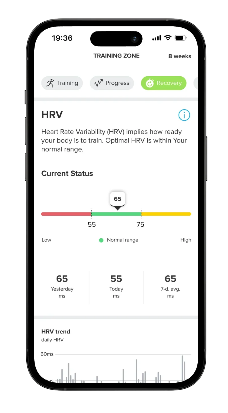 Suunto app HRV status view showing current HRV, normal range and HRV trend.
