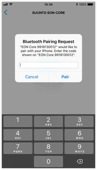 Notification du code lors de l'appairage de mes Suunto EON Steel et Core avec l'appli Suunto pour iOS