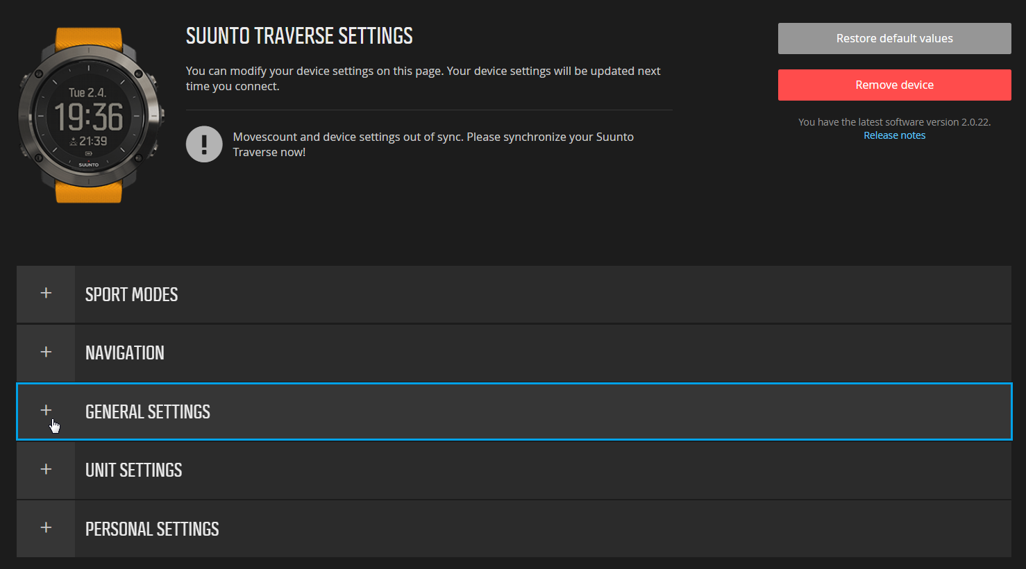 Movescount - General settings for Suunto Traverse